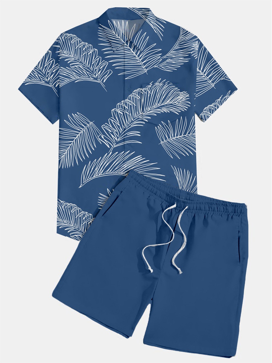 Men's Sets Hawaiian Navy Leaves Print Button Pocket Two-Piece Shirt Shorts Set