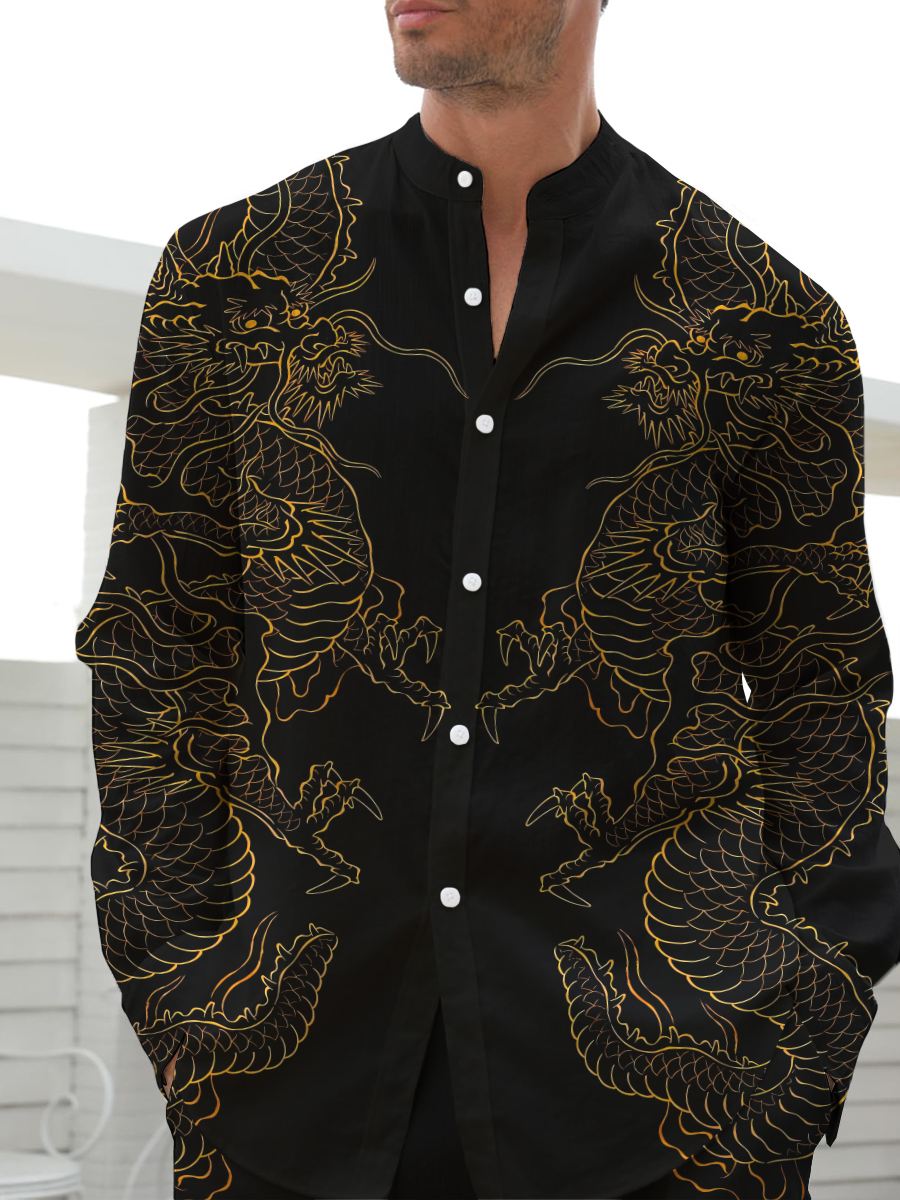 Men's Sets Hawaiian Japanese Style Golden Dragon Print Button Two-Piece Shirt Shorts Set