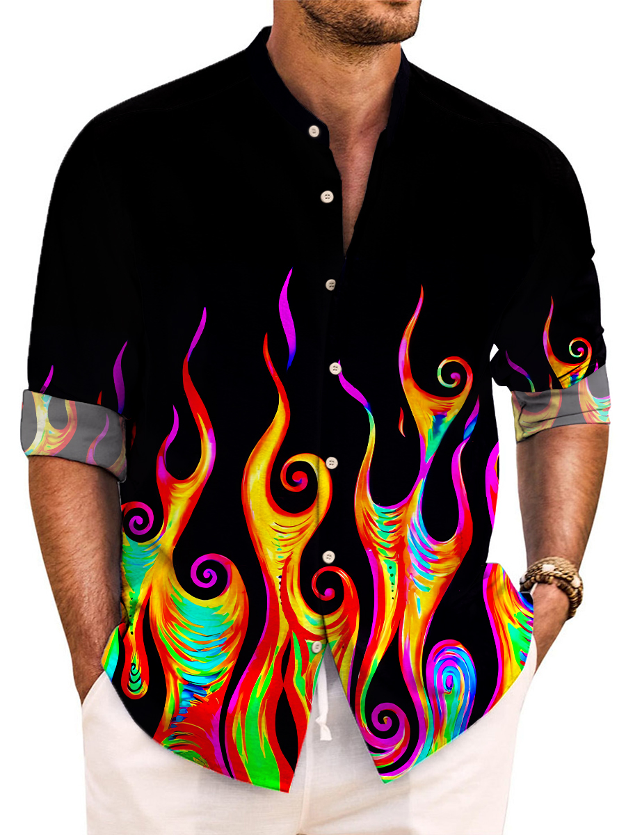 Vintage Colorful Flame Pattern Easy Care Aloha Long Sleeve Shirts