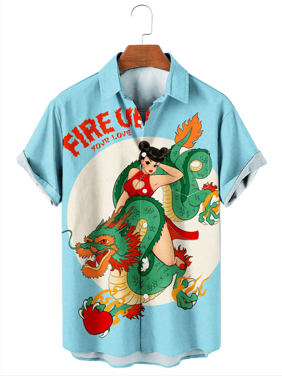 Men's Hawaiian Shirt Dragon Beauty Print Button Down Shirt
