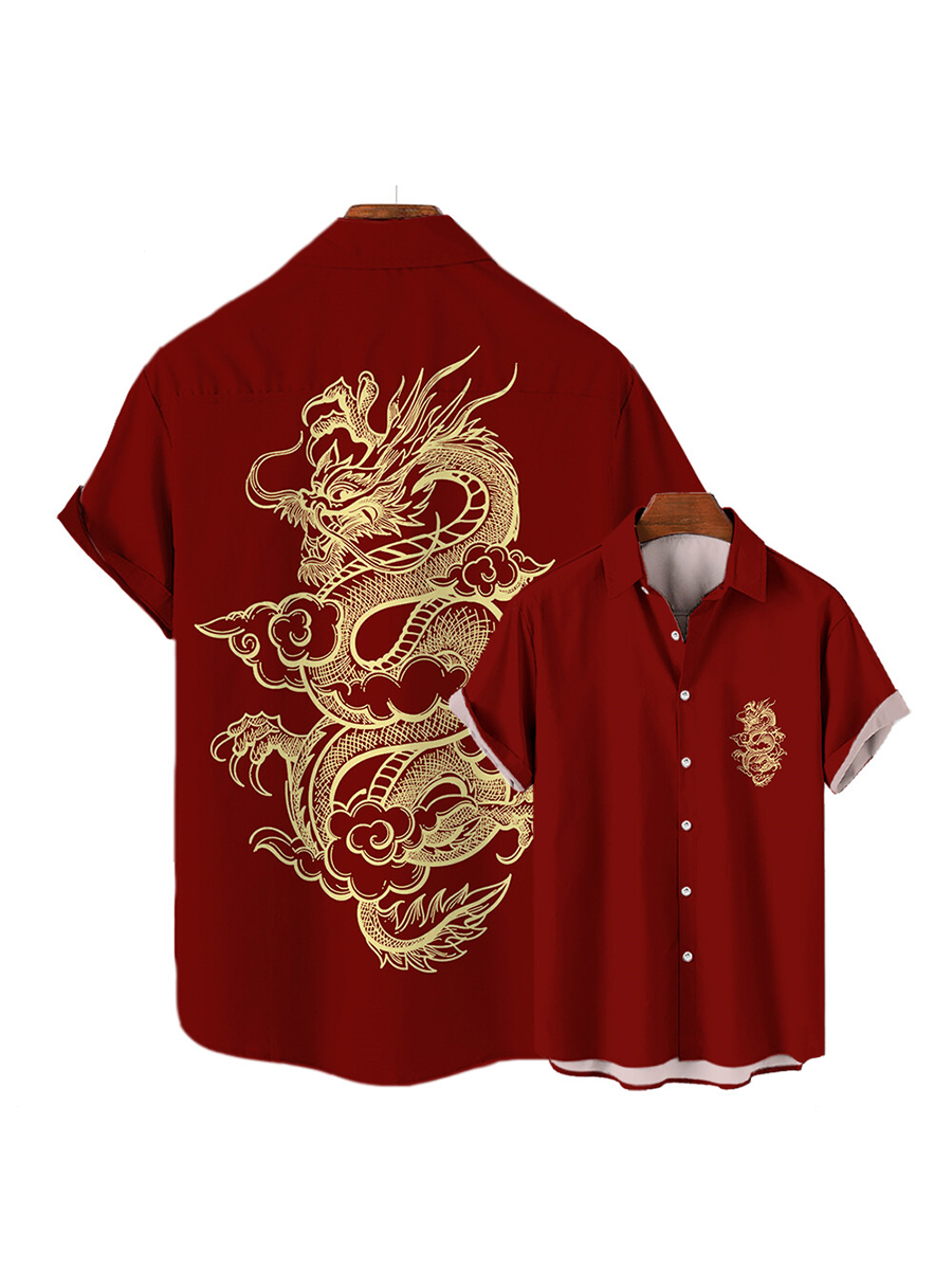 New Year Dragon Print Short Sleeve Hawaiian Shirt