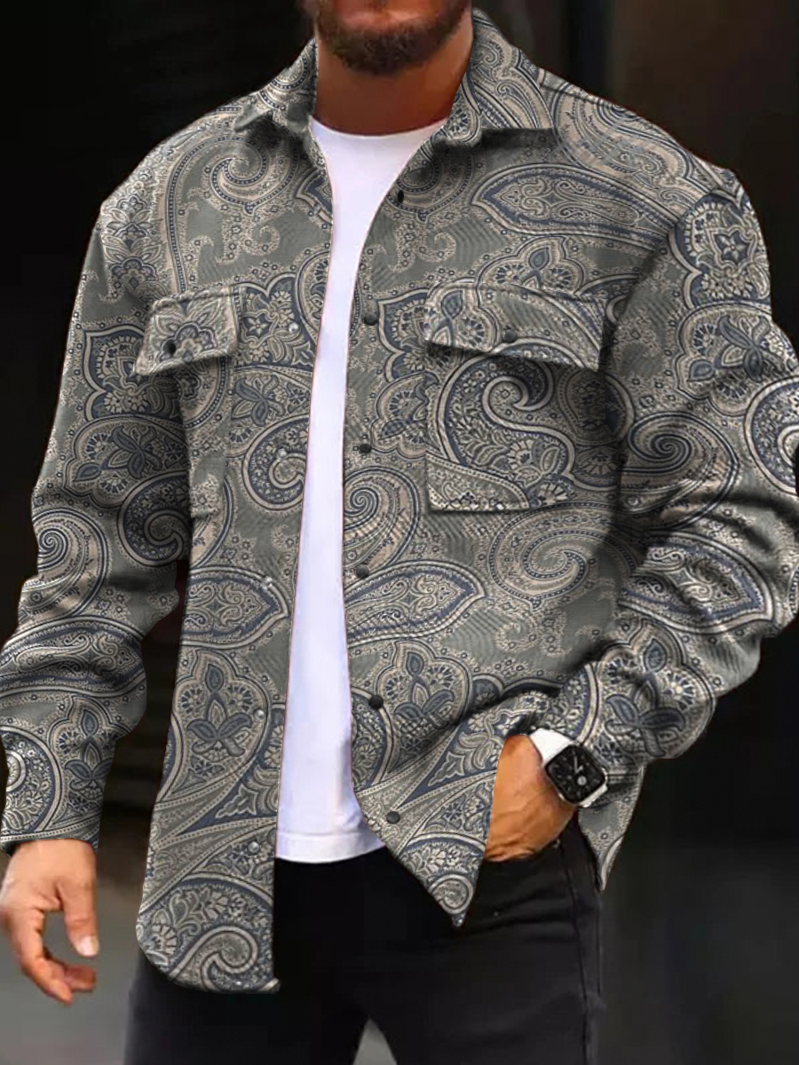 Men's Casual Jacket Vintage Paisley Pattern Long Sleeve Pockets Corduroy Shirt Jacket