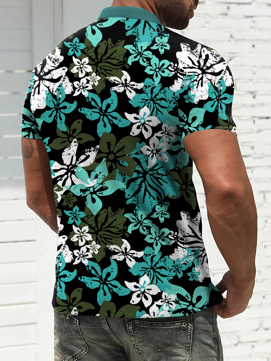 Men's Polo Shirt Hawaiian Hibiscus Print Casual Short-Sleeved Golf Shirt