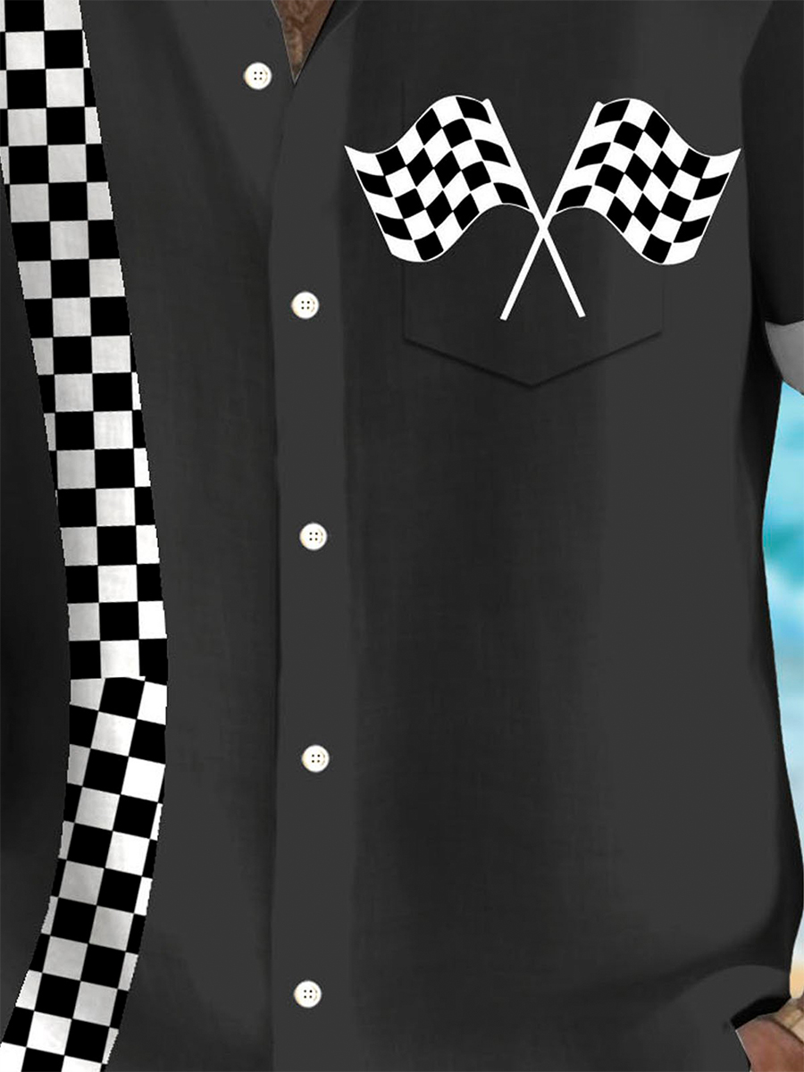 Racing Checkerboard Print Men's Button Pocket Short Sleeve Shirt