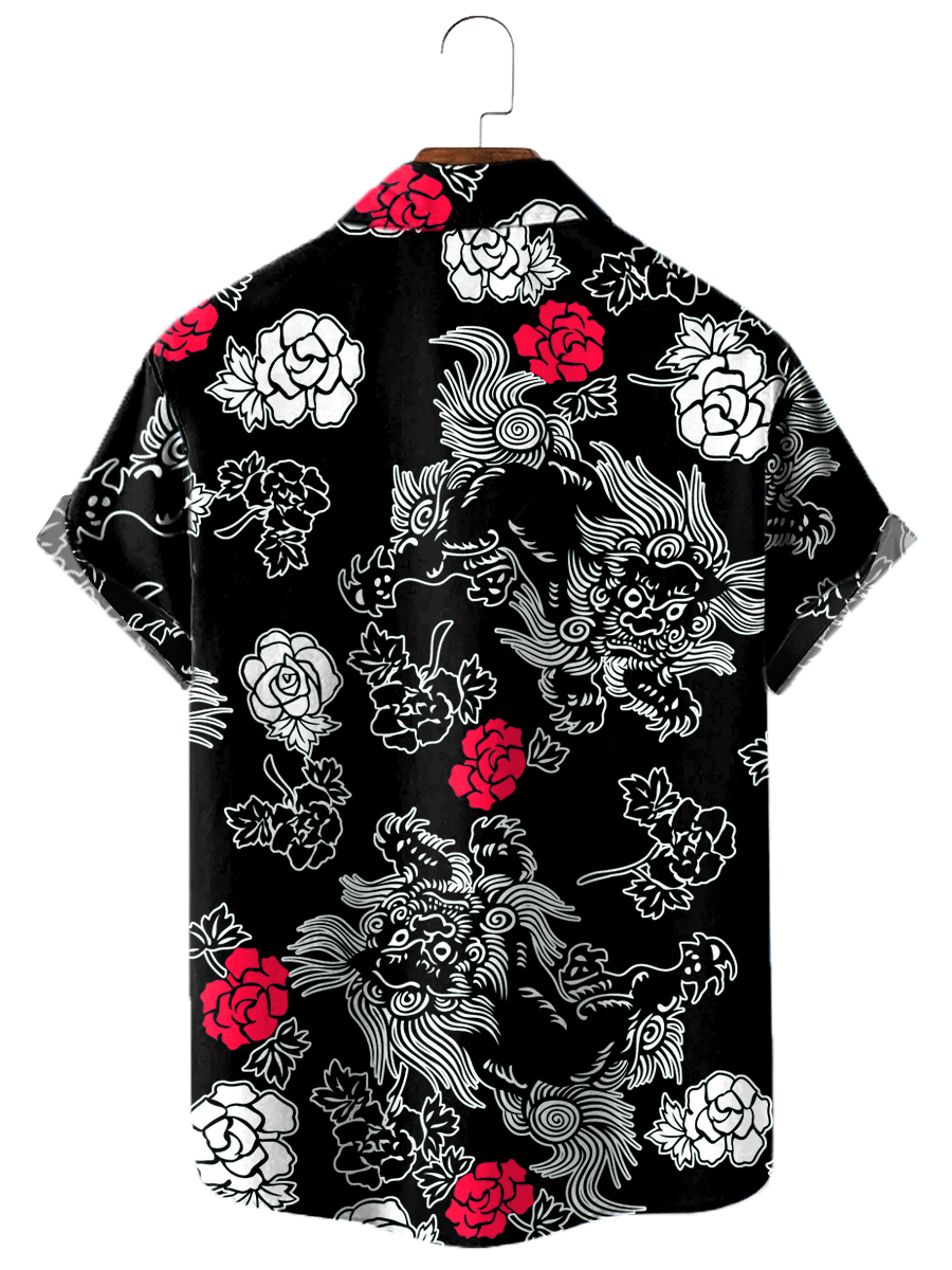 Men's Hawaiian Shirts Japanese Style Art Floral Print Aloha Shirts