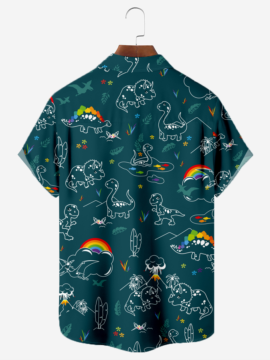 Men's Hawaiian Shirts Cute Rainbow Dinosaur Cartoon Pattern Aloha Shirts