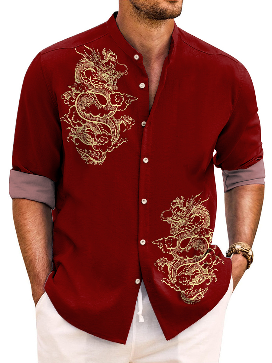 Japanese Style Dragon Print Easy Care Aloha Long Sleeve Shirts