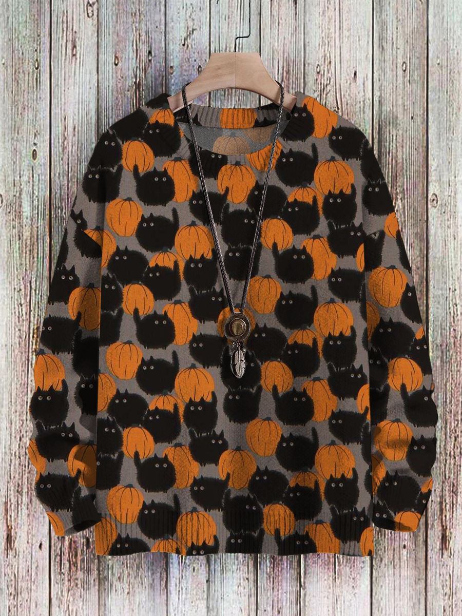 Men's Sweater Cute Black Cats Print Pullover Print Casual Sweater