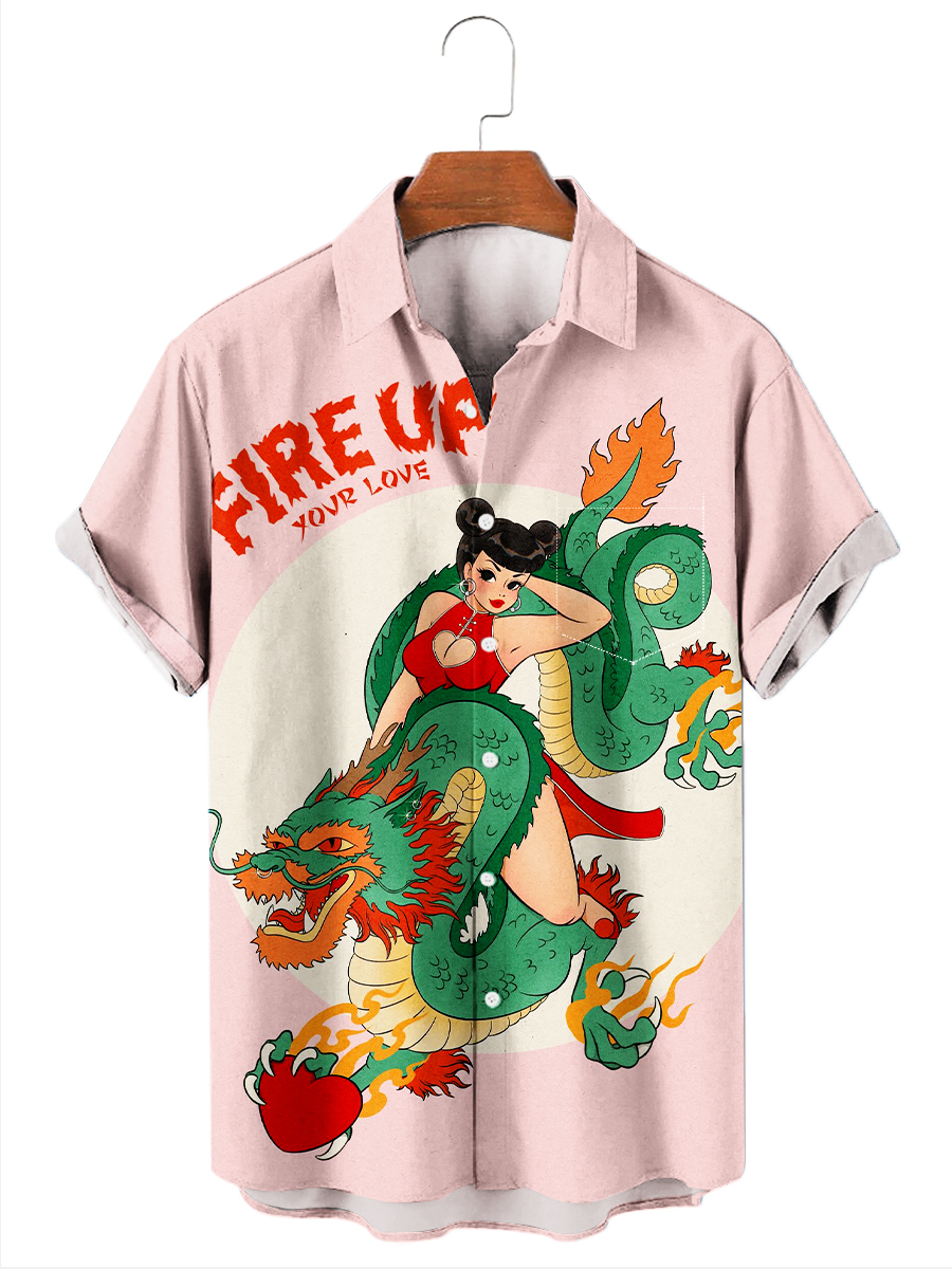 Men's Hawaiian Shirt Dragon Beauty Print Button Down Shirt