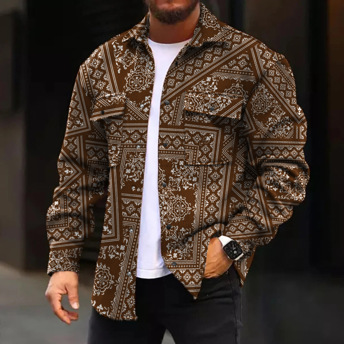 Men's Casual Jacket Retro Paisley Patchwork Pattern Long Sleeve Pockets Shirt Jacket