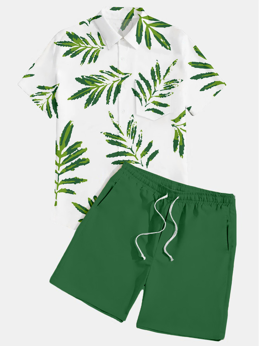 Men's Sets Hawaiian Casual Leaves Print Button Pocket Two-Piece Shirt Shorts Set