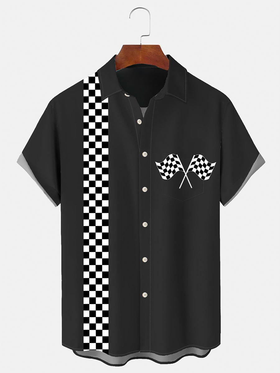 Racing Checkerboard Print Men's Button Pocket Short Sleeve Shirt