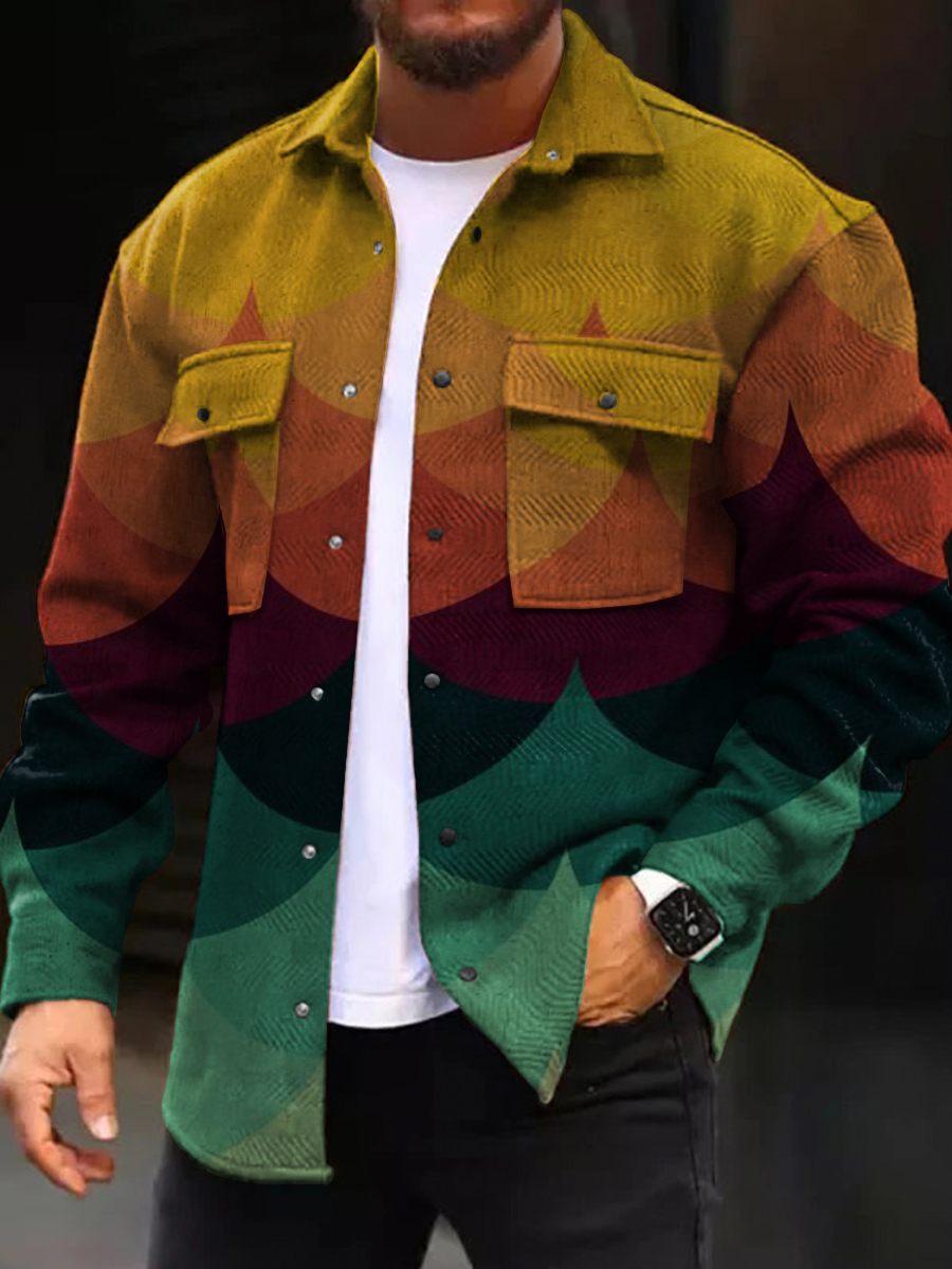 Men's Casual Jacket Vintage Colorful Geometric Pattern Long Sleeve Pockets Corduroy Shirt Jacket