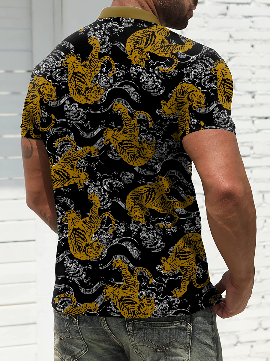 Men's Polo Shirt Retro Tiger Print Casual Short-Sleeved Golf Shirt
