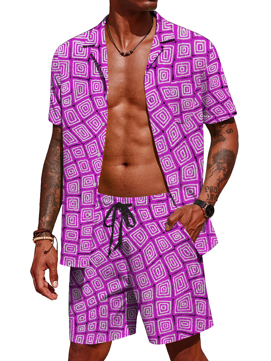 Men's Sets Hawaiian Geometry Button Pocket Two-Piece Shirt Shorts Set