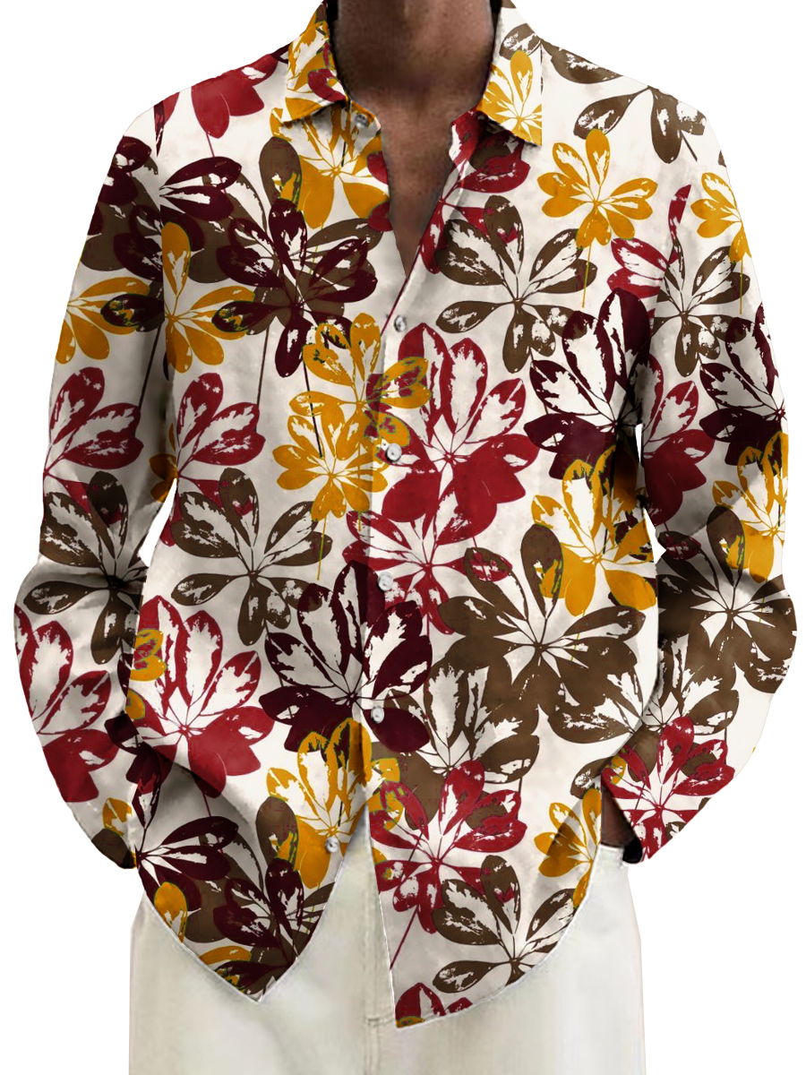 Men's Shirt Retro Hand Drawn Floral Art Print Casual Vacation Oversized Long Sleeve Shirt