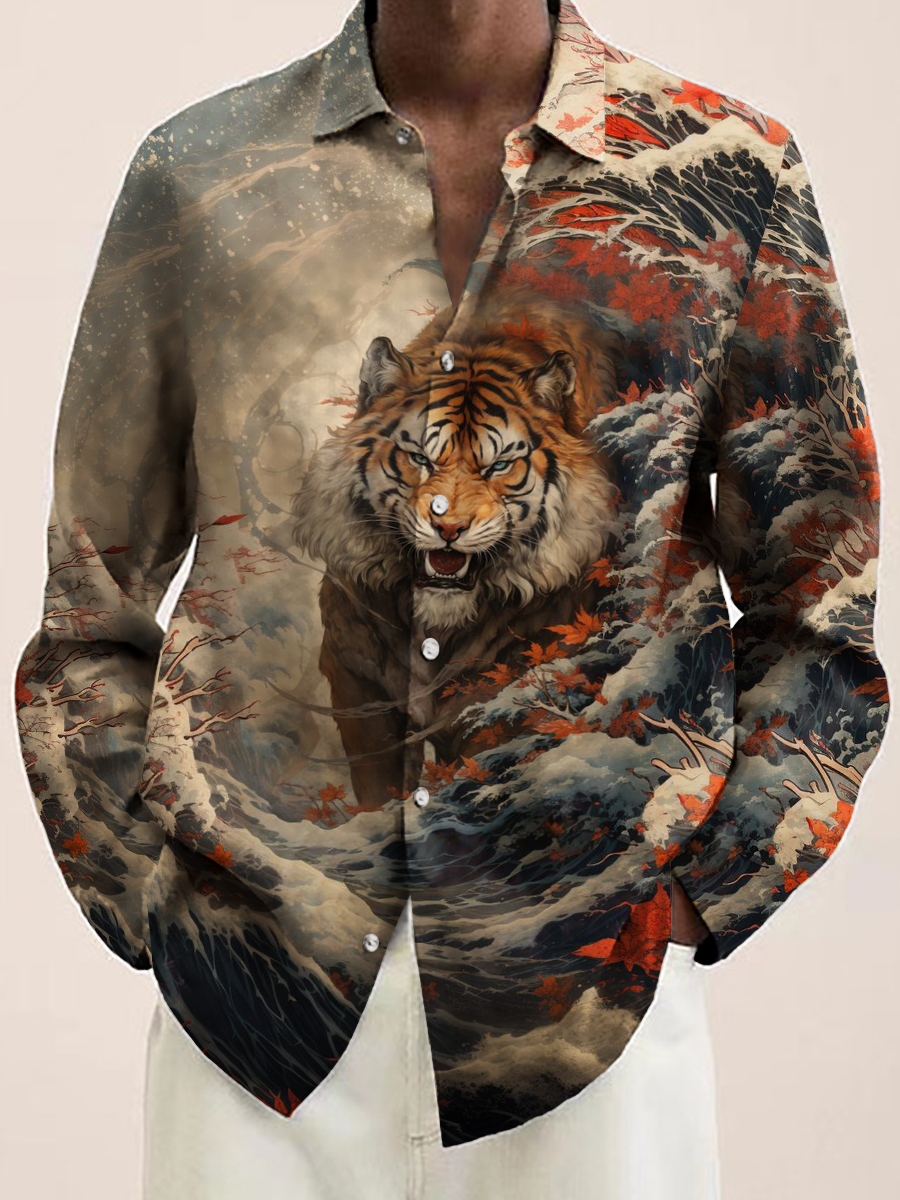 Men's Shirt Tiger Print Casual Oversized Long Sleeve Shirt