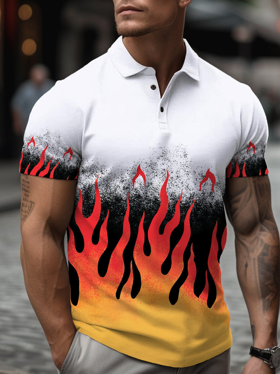 Men's Polo Shirt Retro Flame Print Casual Short-Sleeved Golf Shirt