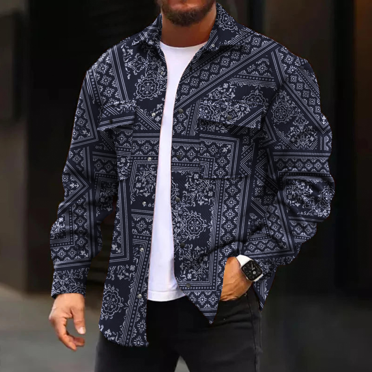 Men's Casual Jacket Retro Paisley Patchwork Pattern Long Sleeve Pockets Shirt Jacket