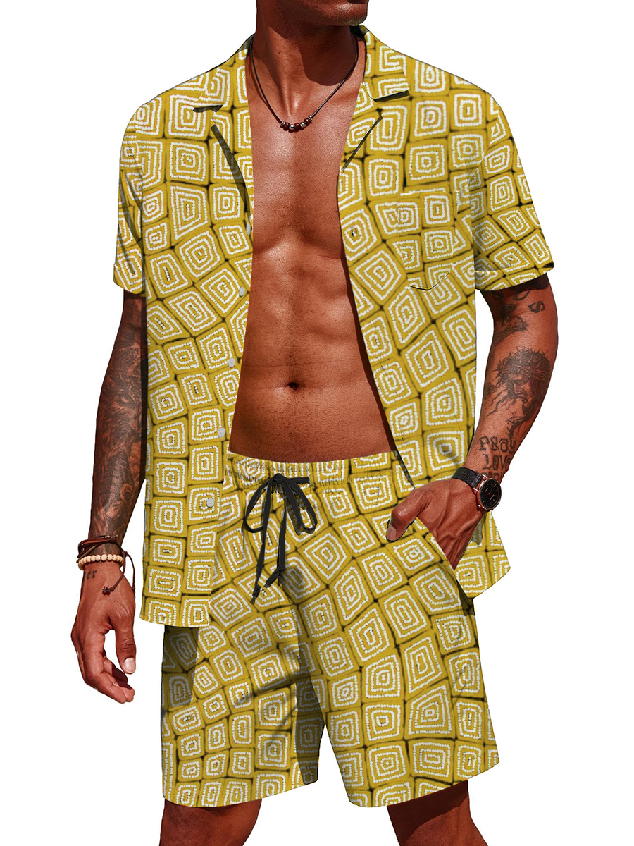 Men's Sets Hawaiian Geometry Button Pocket Two-Piece Shirt Shorts Set