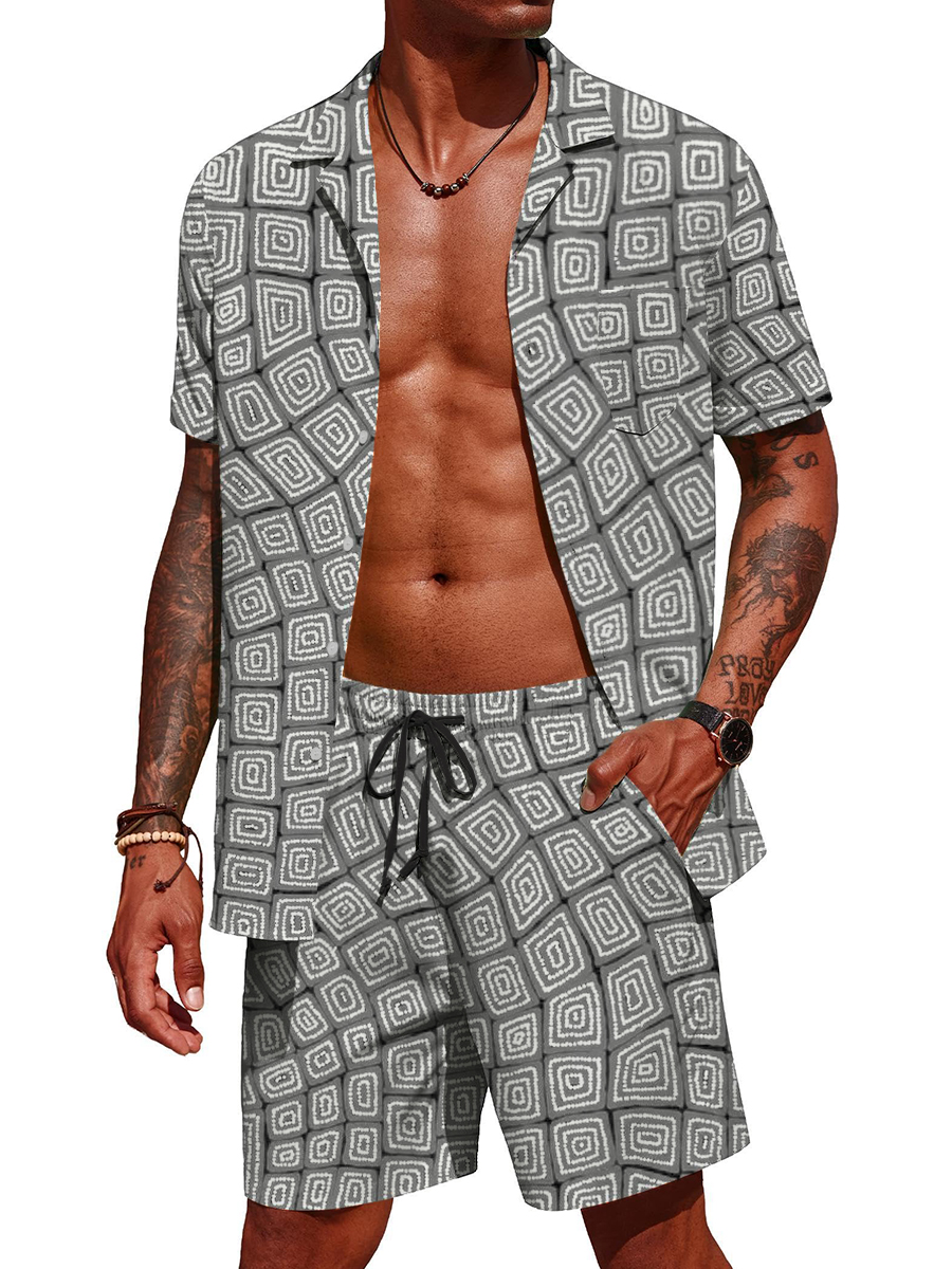Men's Sets Hawaiian Geometry Button Pocket Two-Piece Shirt Shorts Set