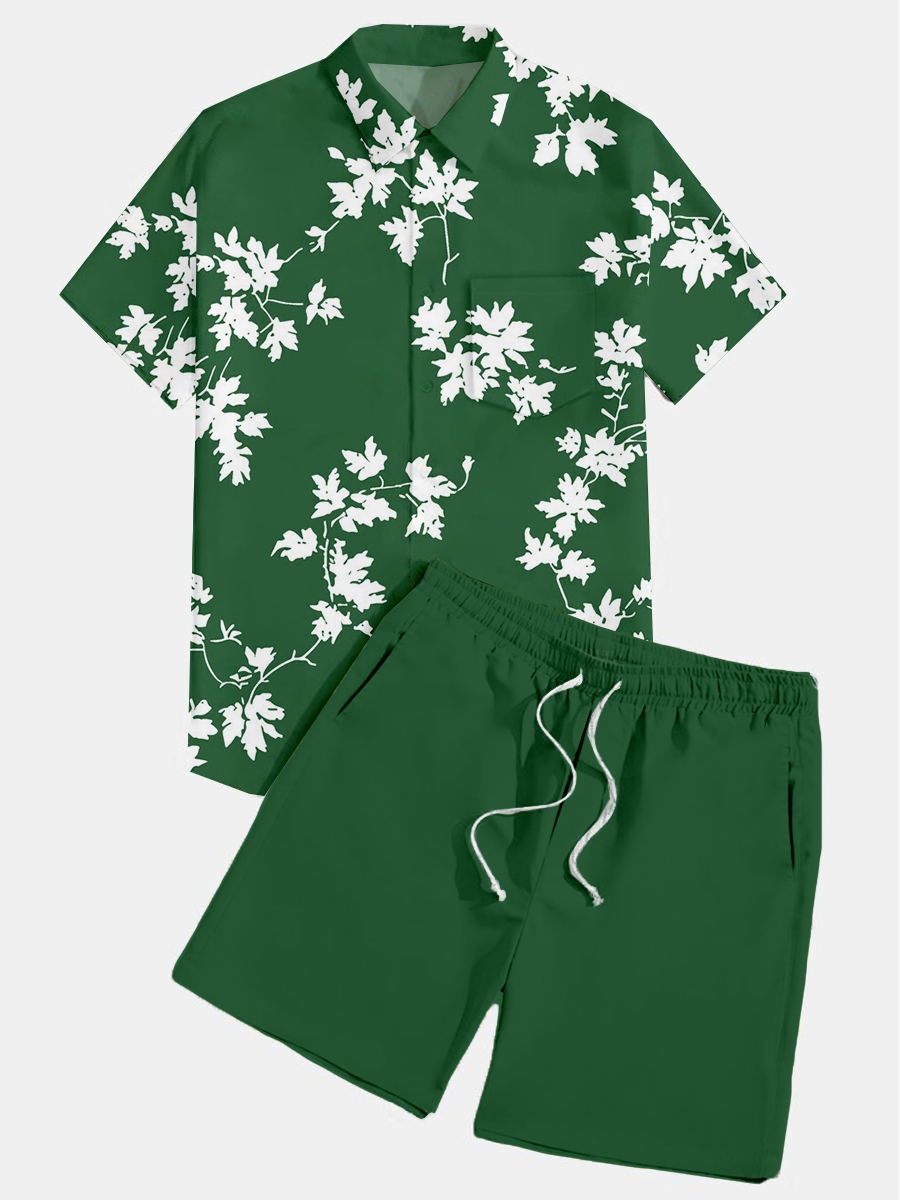 Men's Sets Hawaiian Leaves Print Button Pocket Two-Piece Shirt Shorts Set