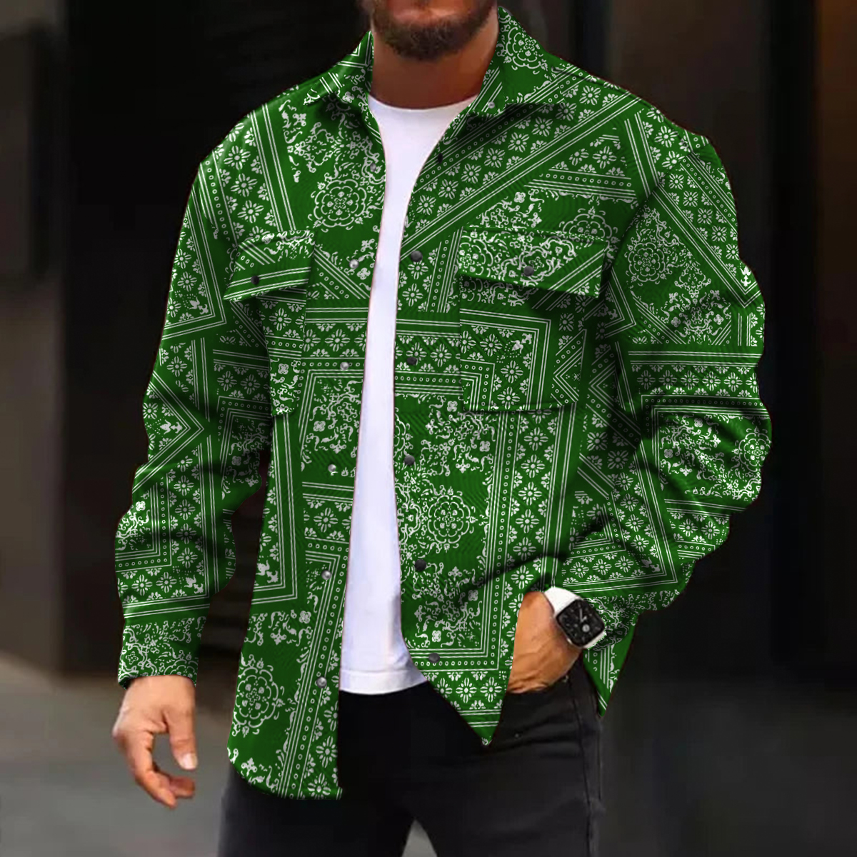 Men's Casual Jacket Retro Paisley Patchwork Pattern Long Sleeve Pockets Shirt Jacket