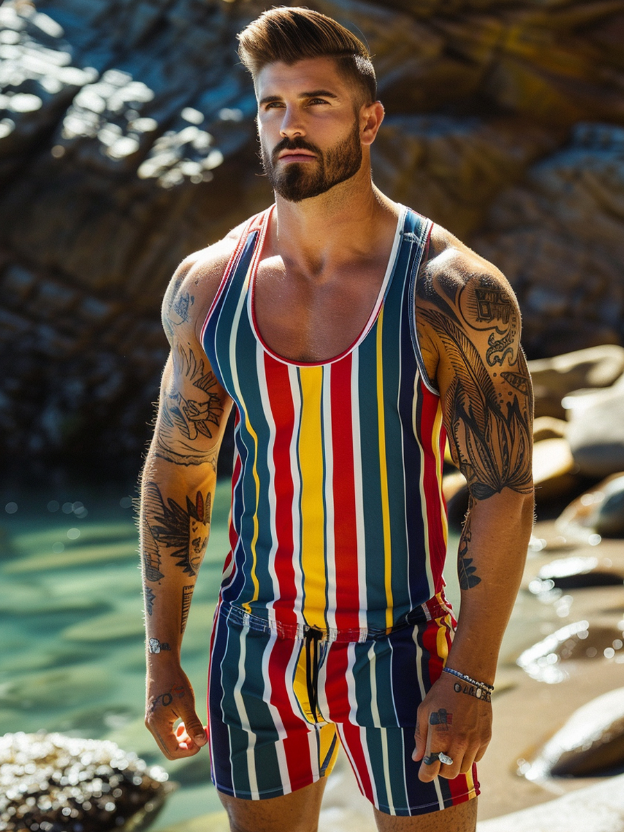 Men's Vacation Stripes Crew Neck Tank Top&Shorts Sets