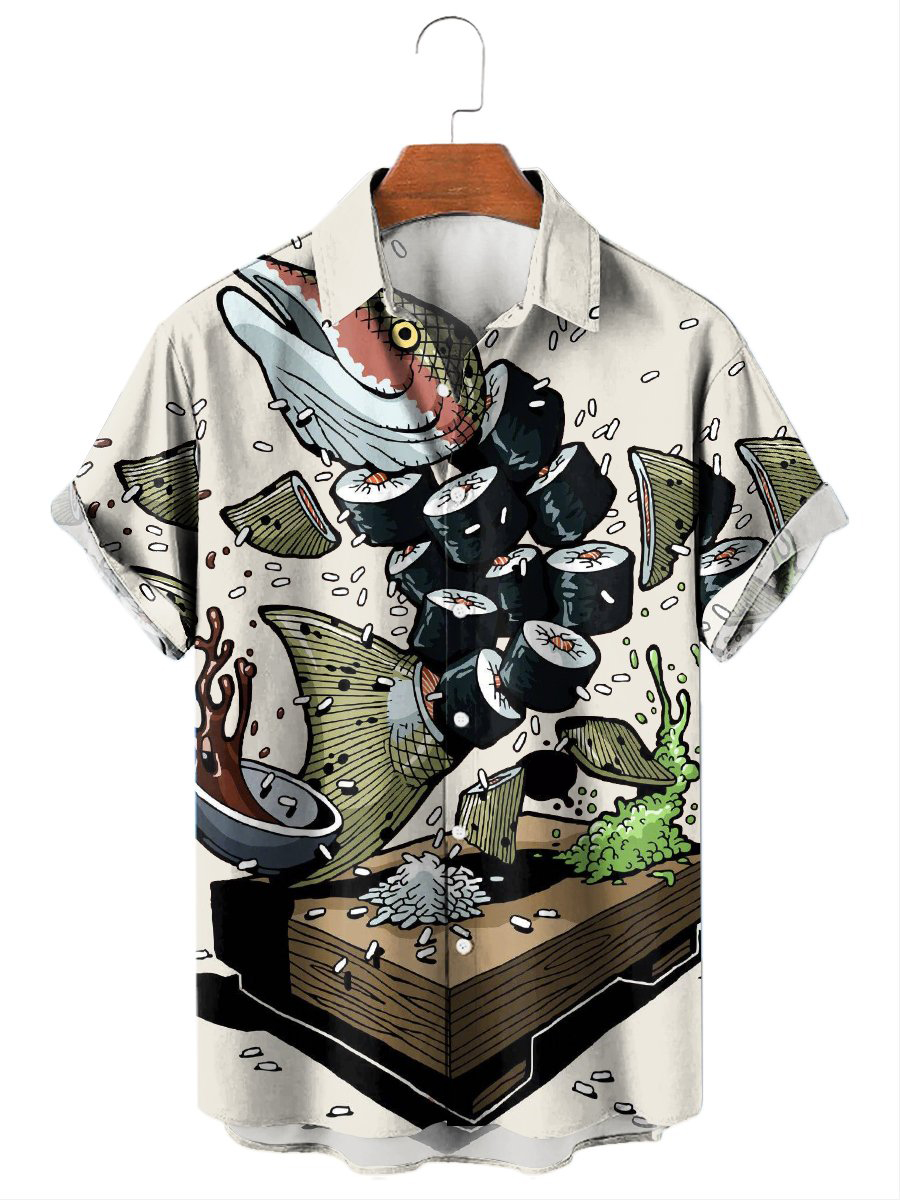 Men's Hawaiian Shirt Fun Japanese Fun Creative Sashimi Sushi Printed Style Short Sleeve Casual Shirt