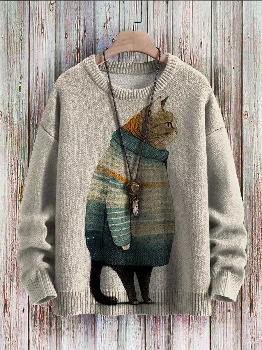Men's Sweater Cute Cat Art Pattern Print Casual Knit Pullover Sweater