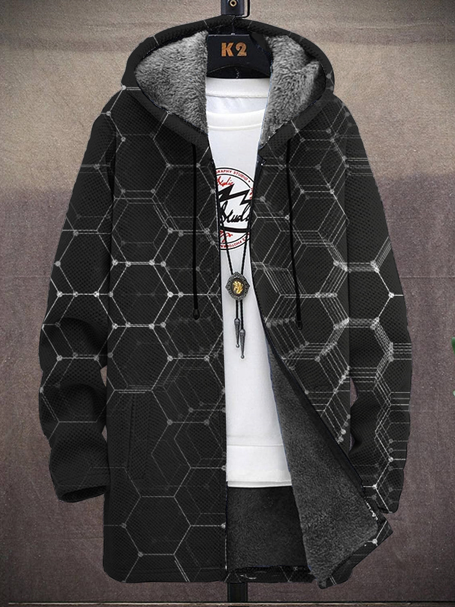Men's Art Hexagon Pattern Print Hooded Two-Pocket Fleece Cardigan Jacket