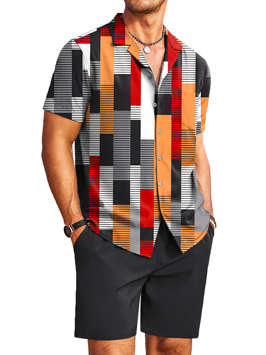 Men's Sets Colorful Stripes Pattern Button Down Pocket Two-Piece Shirt Shorts Set