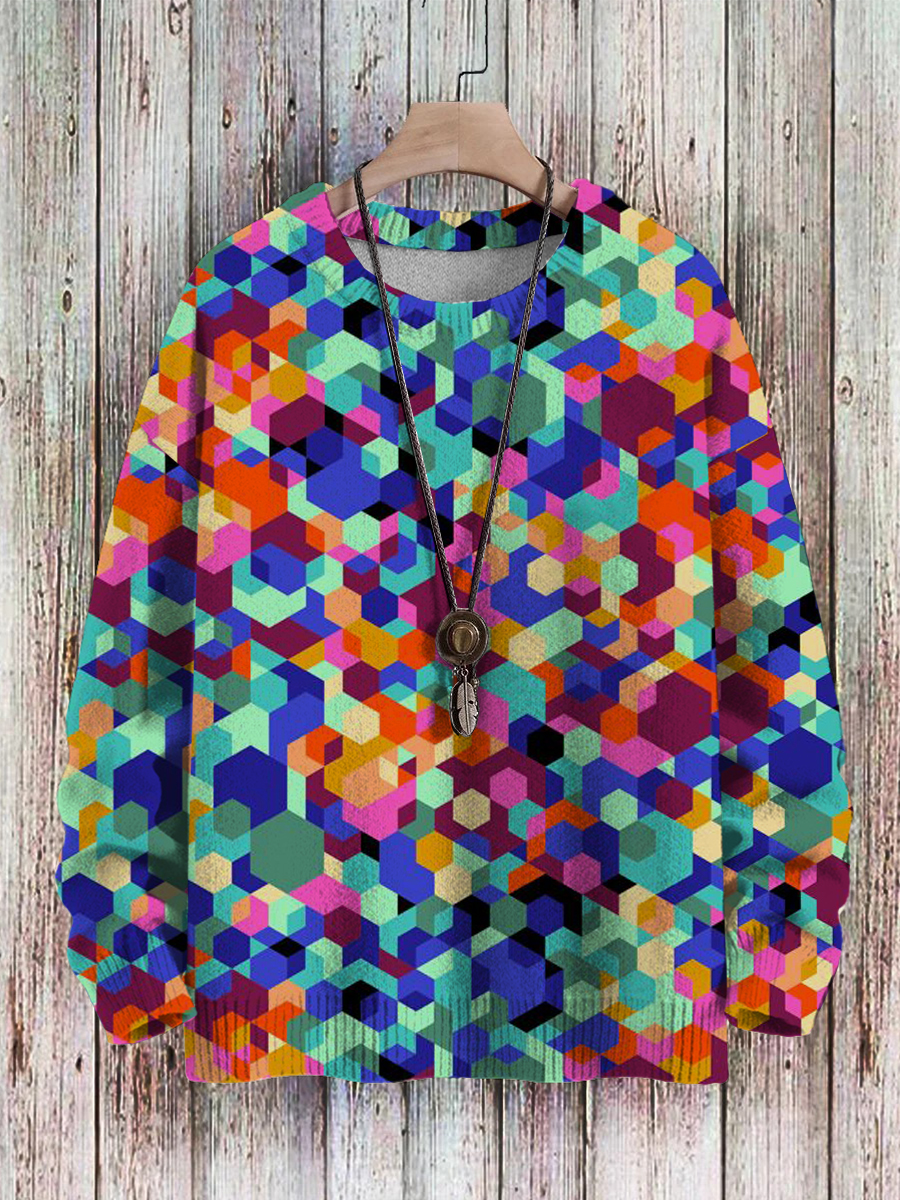 Men's Sweater Color Mosaic Print Casual Knit Sweatshirt Sweater