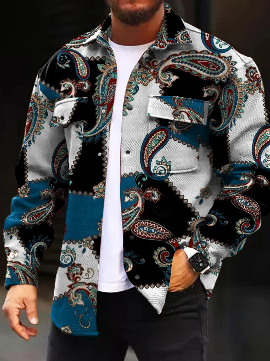 Men's Casual Jacket Fashion Art Vintage Paisley Colorblock Printed Long Sleeve Pocket Jacket