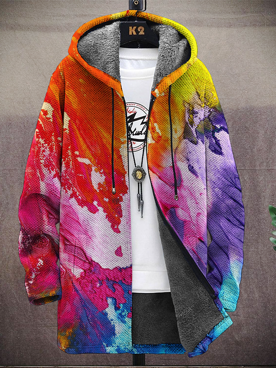 Men's Rainbow Seawave Pattern Print Hooded Two-Pocket Fleece Jacket