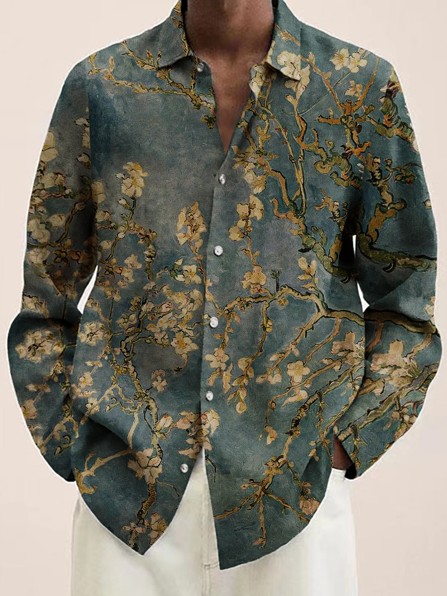 Men's Hawaiian Shirt Simple Floral Print Casual Vacation Oversized Long Sleeve Shirt