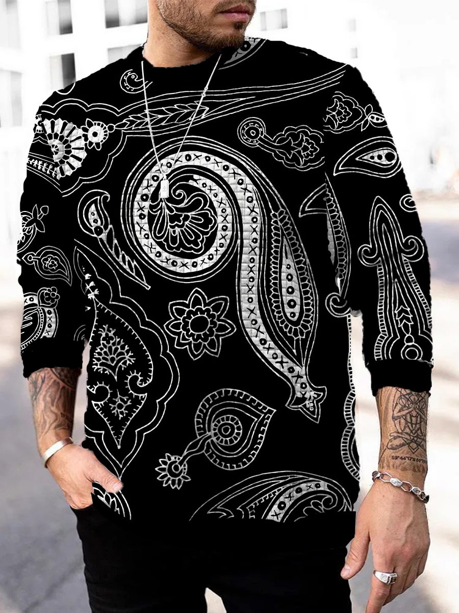 Men's Square Pattern Sweatshirt Black Paisley Pattern Print Long Sleeve Sweatshirt