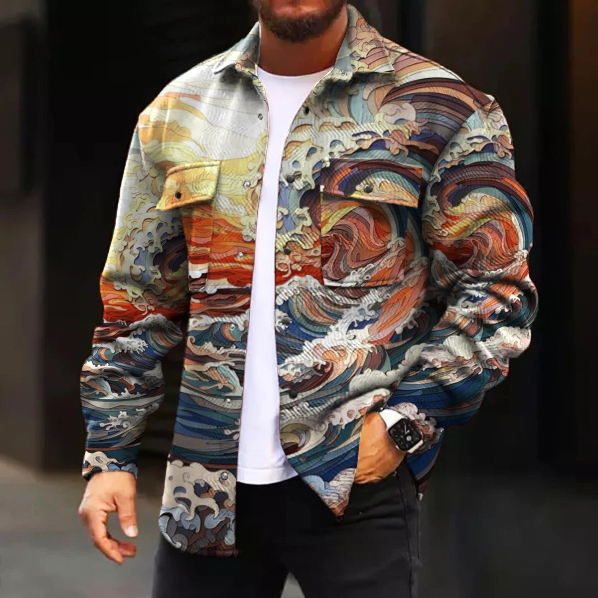 Men's Casual Jacket Fashion Art Beauty Sunrise Printed Long Sleeve Pocket Jacket