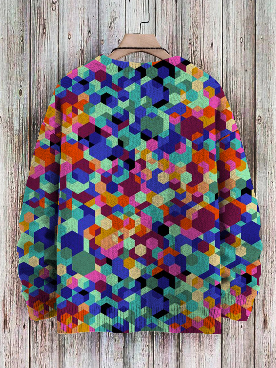 Men's Sweater Color Mosaic Print Casual Knit Sweatshirt Sweater