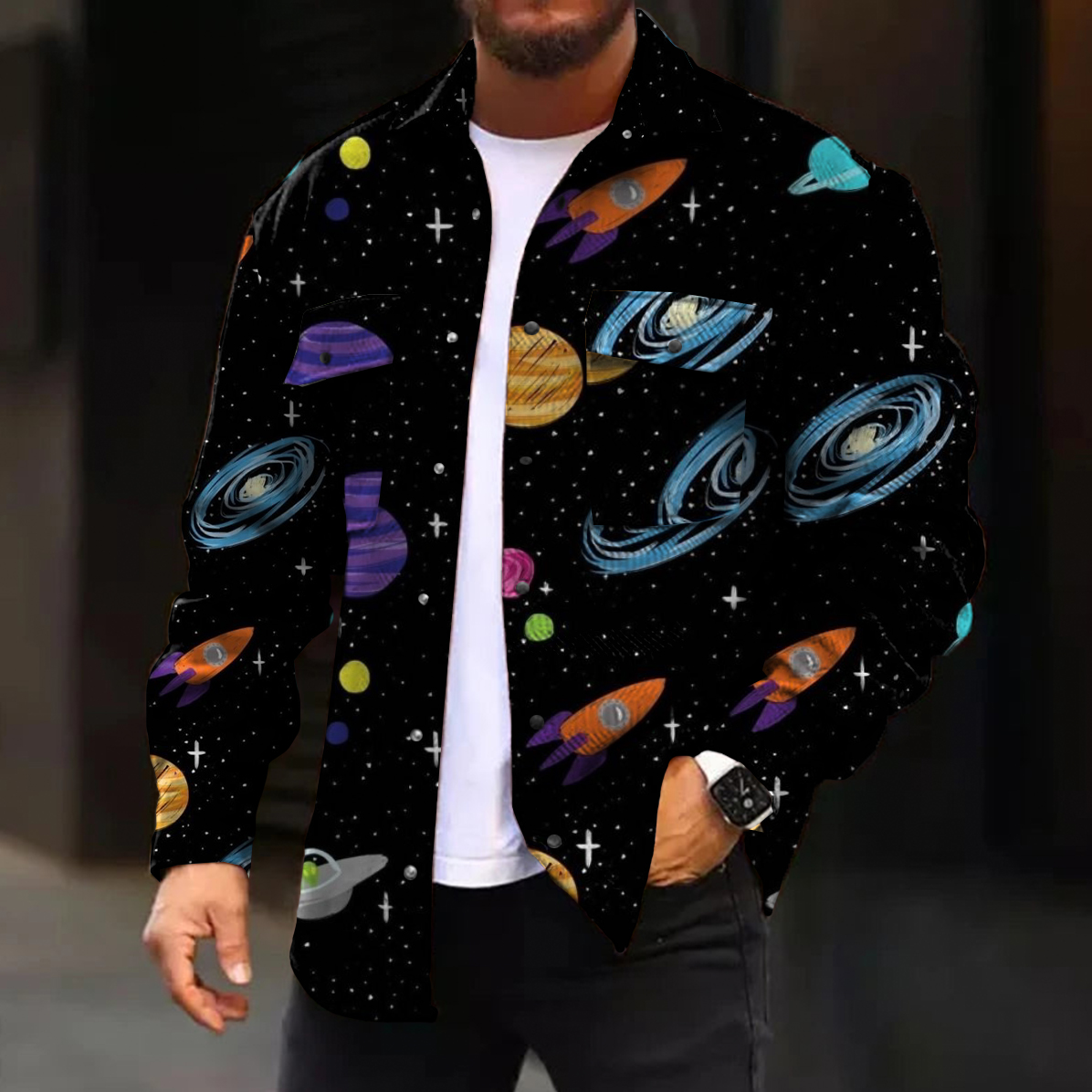 Men's Casual Jacket Galaxy Print Long Sleeve Pockets Jacket