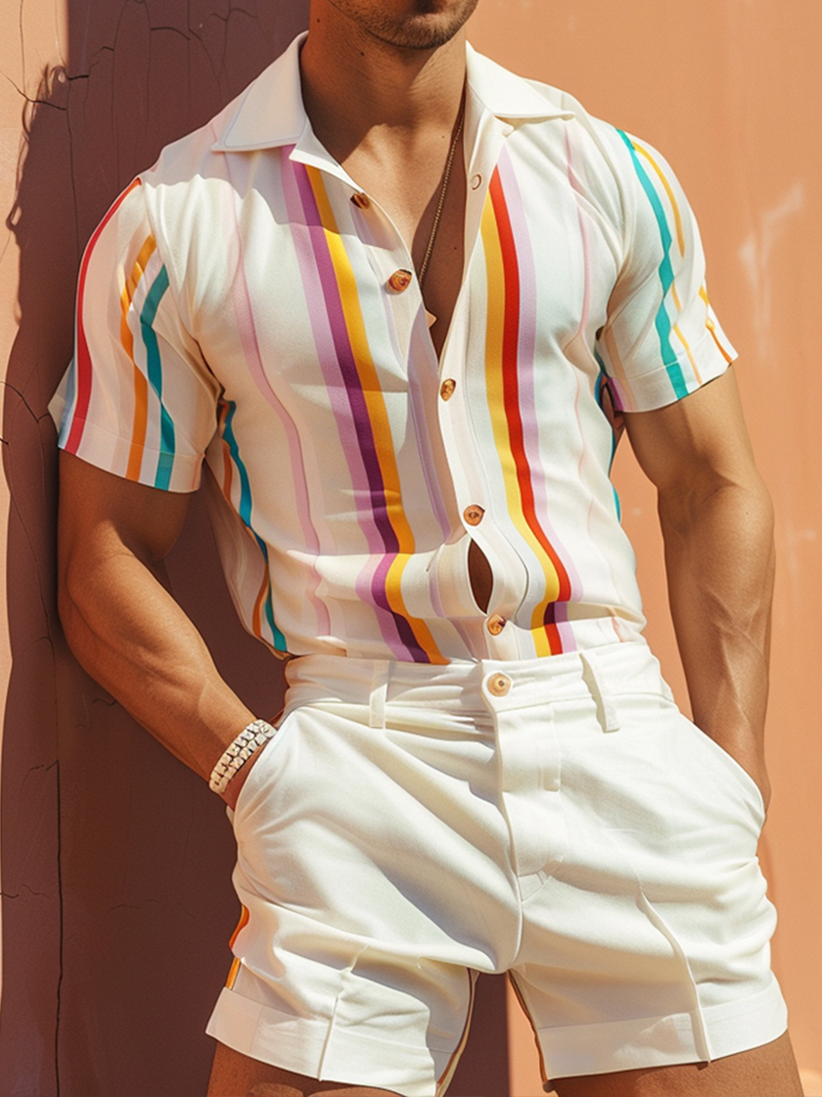 Men's Sets Hawaiian Rainbow Button Down Two-Piece Shirt Shorts Set