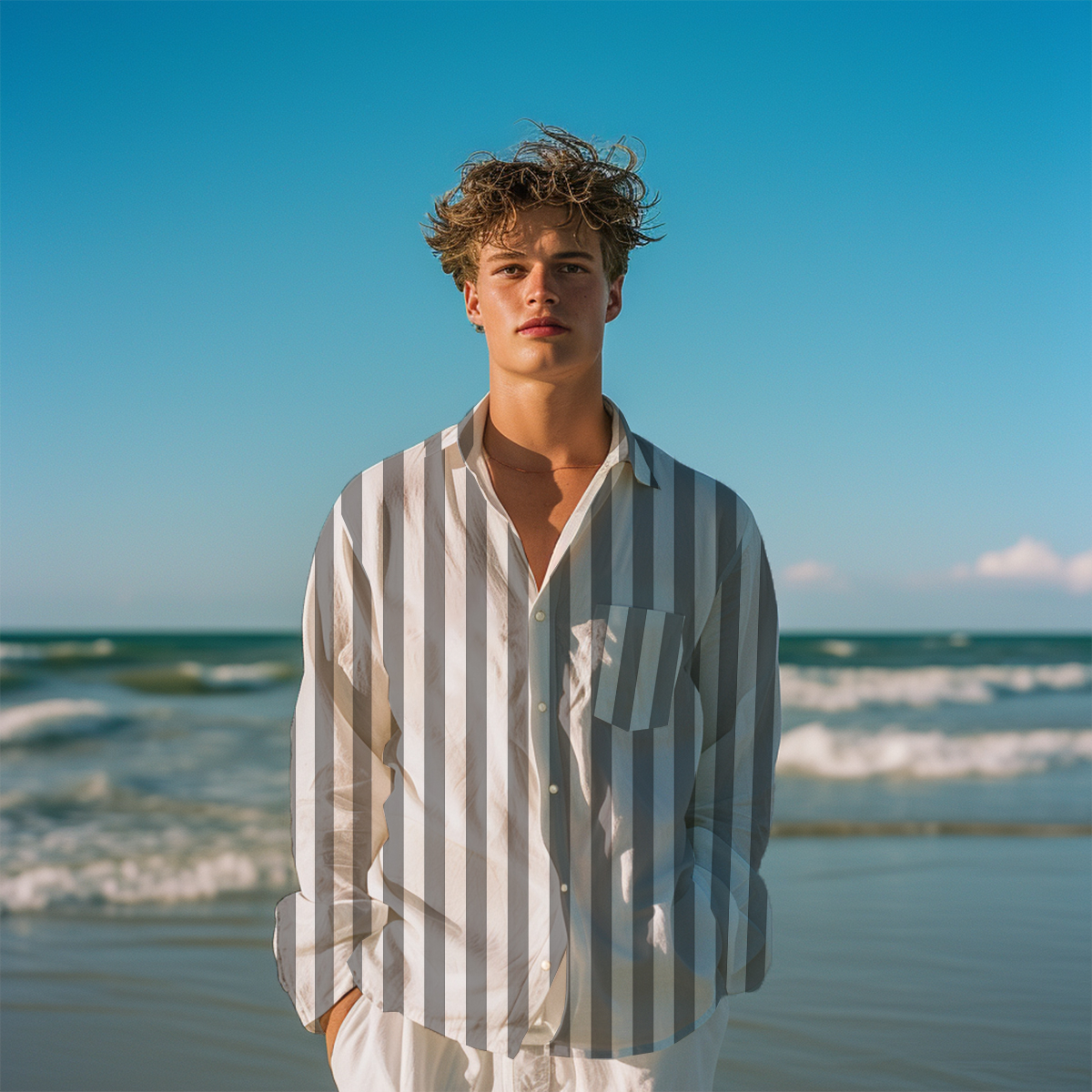 Basic Stripes Pattern Long Sleeve Pocket Hawaiian Shirt