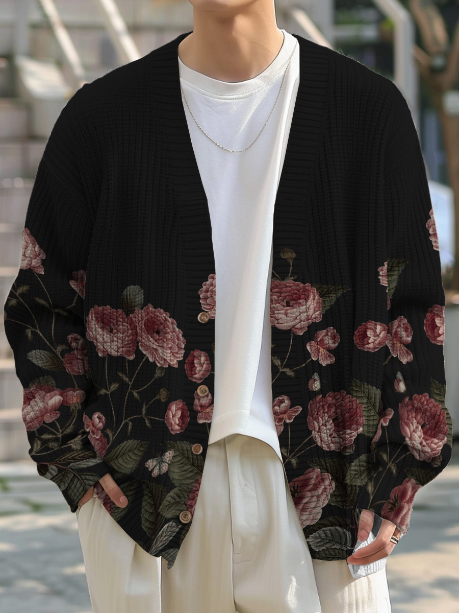 Men's Sweater Stylish Hand Drawn Floral Buttoned Cardigan Sweater