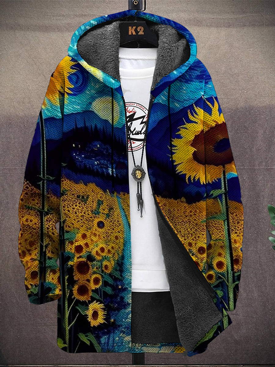 Men's Sunflowers Art Print Hooded Two-Pocket Fleece Cardigan Jacket