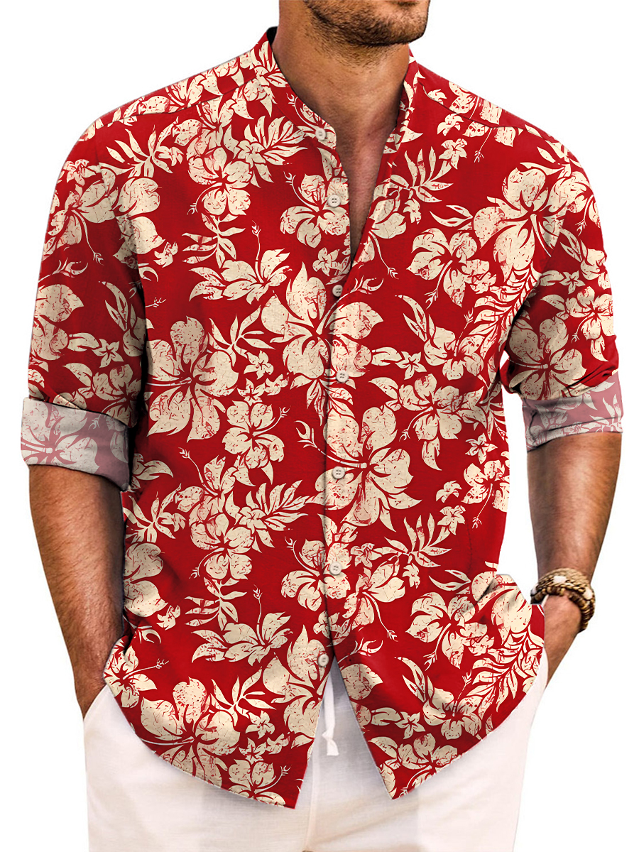 Vintage Hawaiian Shirts Hibiscus Print Easy Care Aloha Long Sleeve Shirts