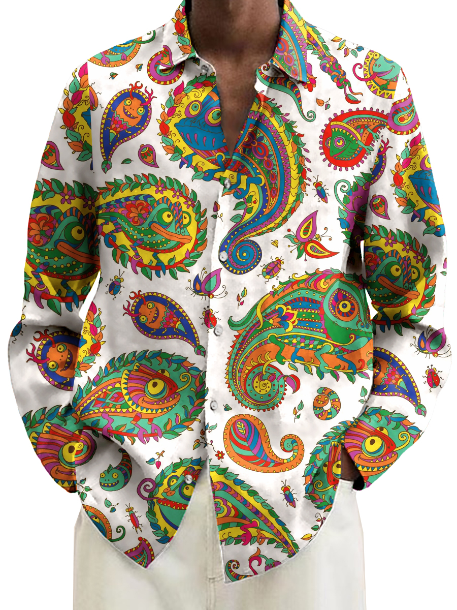 Vintage Colorful Mexican Chameleon Print Long Sleeve Hawaiian Shirt