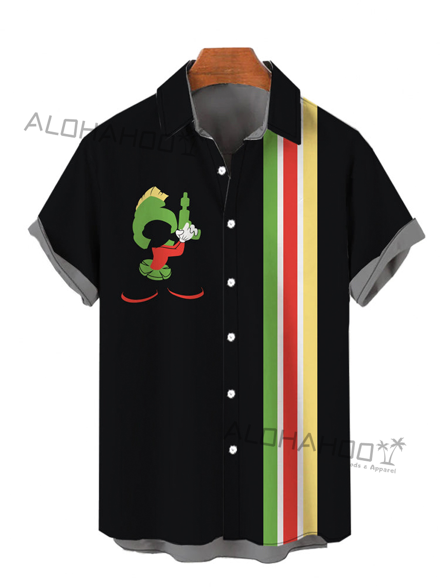 Retro Black And Multicolor Stripes And Cartoon Soldier Print Short Sleeve Shirt