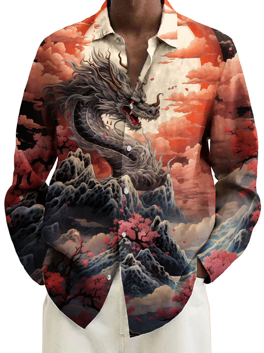 Retro Japanese Style Ukiyo-e Dragon Print Long Sleeve Hawaiian Shirt