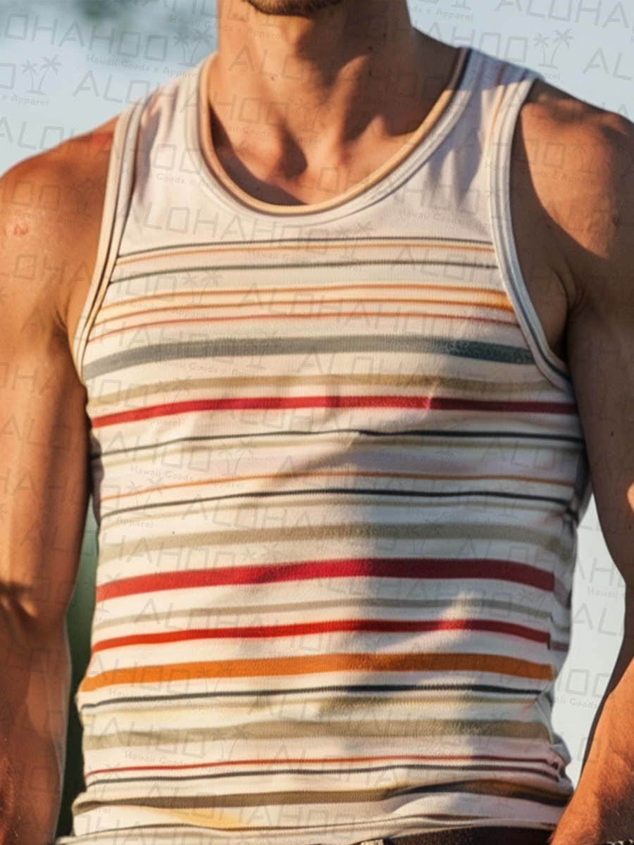 Men's Multicolor Stripes Crew Neck Tank Top Muscle Tee