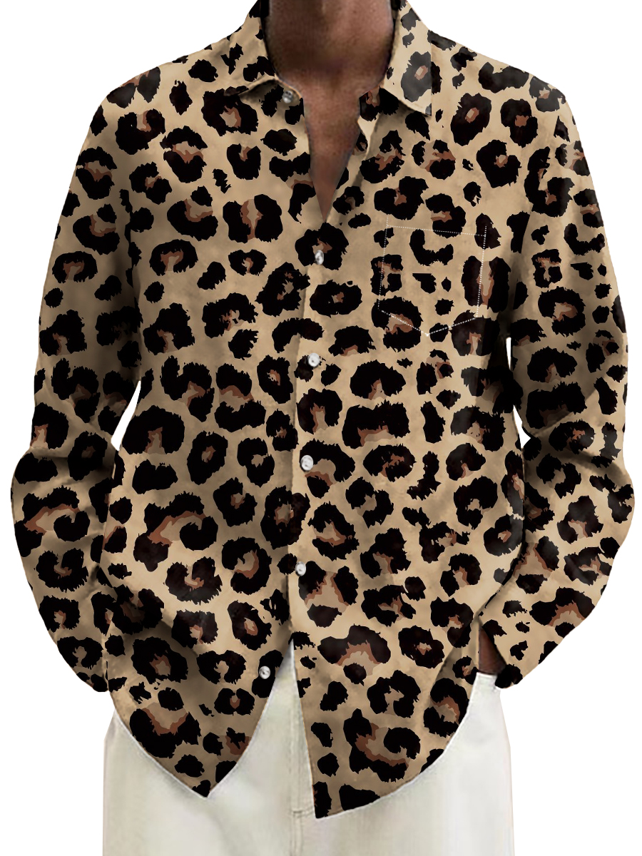 Retro Leopard Pattern Long Sleeve Hawaiian Shirt
